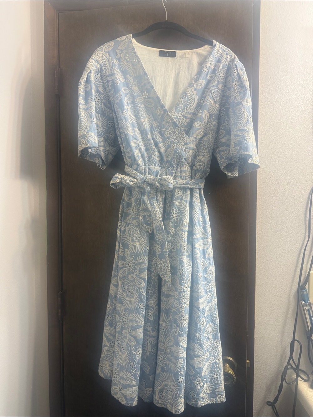 Tahari Light Blue Floral Lace Wrap Midi Dress with Tie
